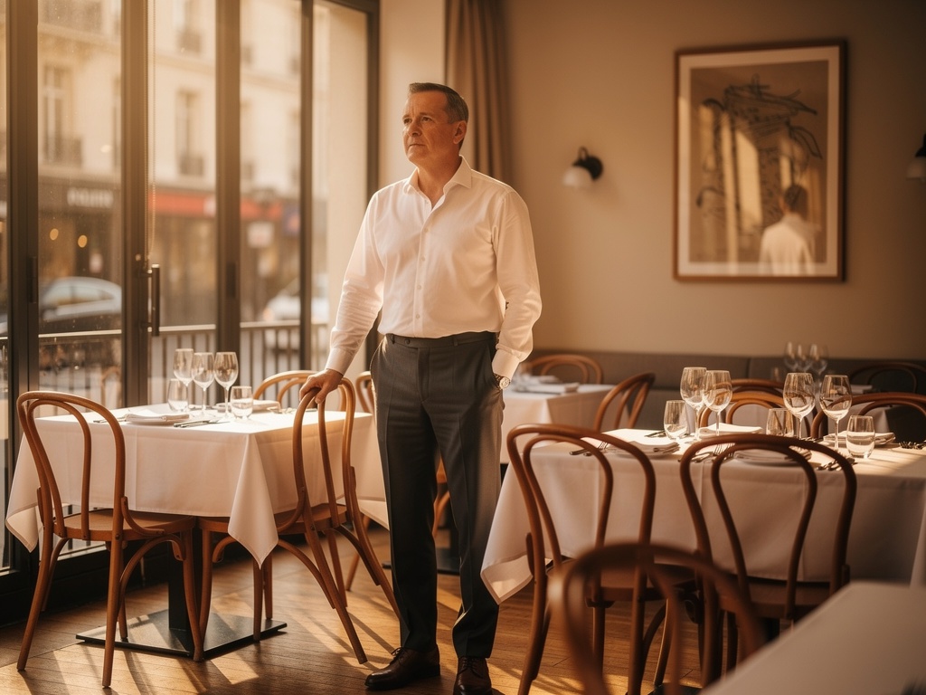 Gérant de restaurant dans sa salle à l'aube, moment de sérénité professionnelle