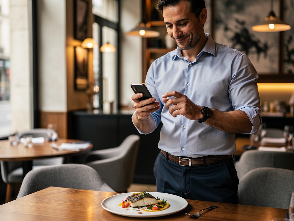 Gérant de restaurant photographiant son plat avec son smartphone