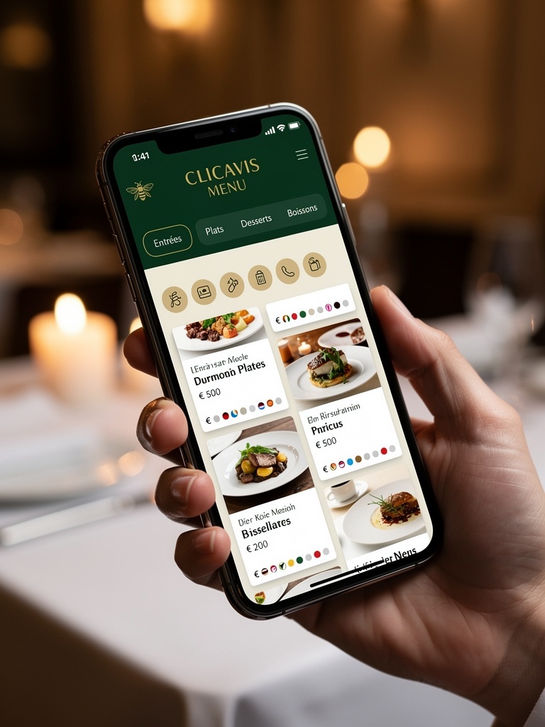 Smartphone affichant le menu digital Clicavis avec filtre allergènes et sélection de langue