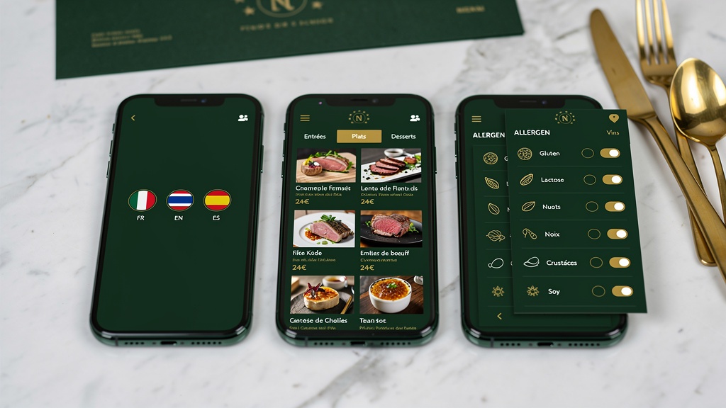 Interface du menu digital Clicavis sur smartphone : sélection de langue, carte des plats et filtres allergènes