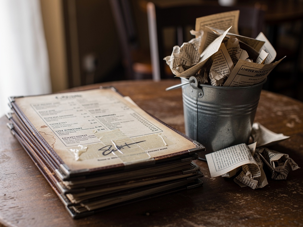 Menus imprimés obsolètes avec corrections manuscrites