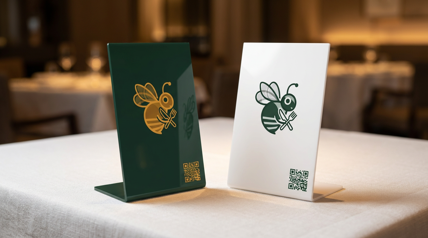 Deux supports NFC QR Code Clicavis Menu personnalisés, vert foncé et blanc, posés sur table de restaurant